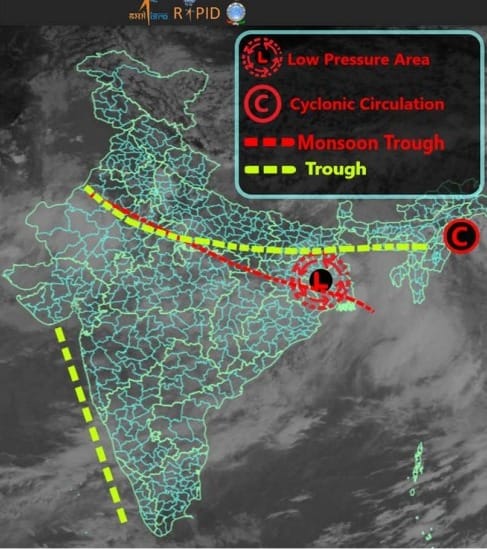 The monsoon trough passes through this low-pressure area, extending to Sidhi and Gwalior in northern Madhya Pradesh