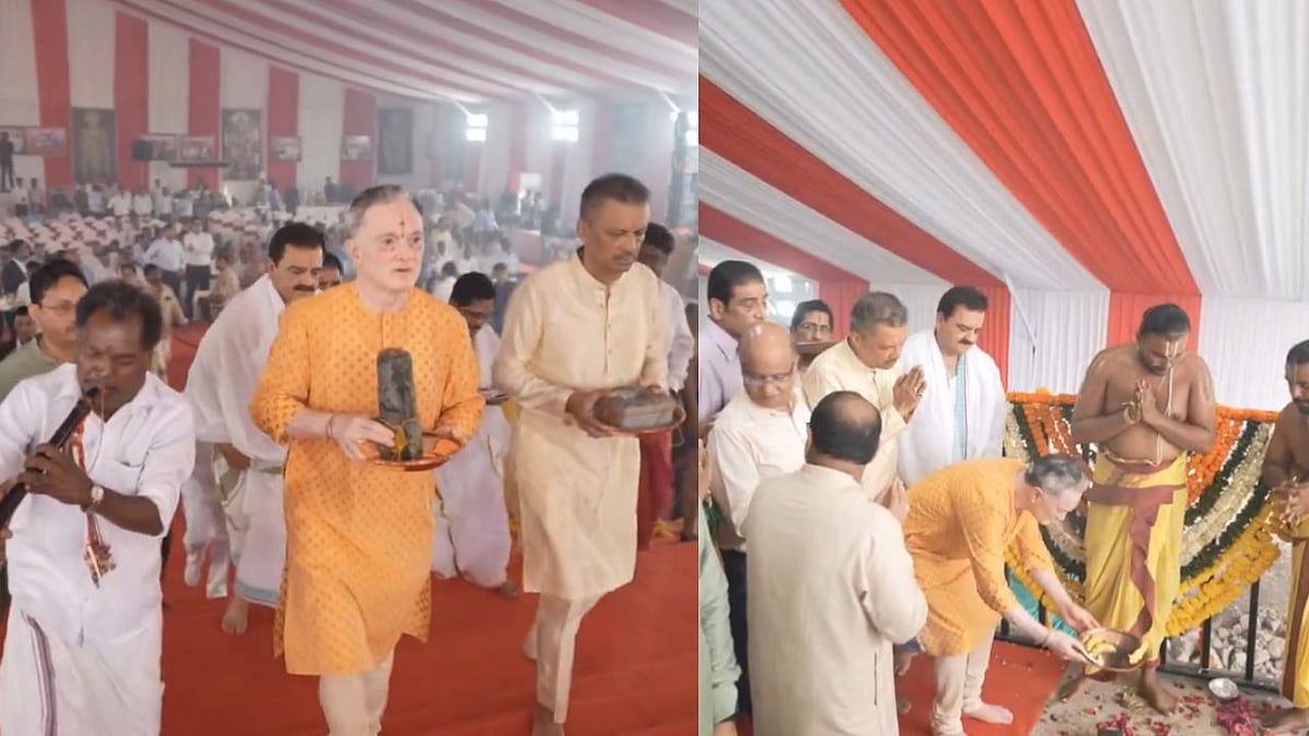 Gautam Singhania, CMD of Raymond Limited, lays the foundation stone for the Lord Venkateshwara Temple at Ulwe | X/ @SinghaniaGautam