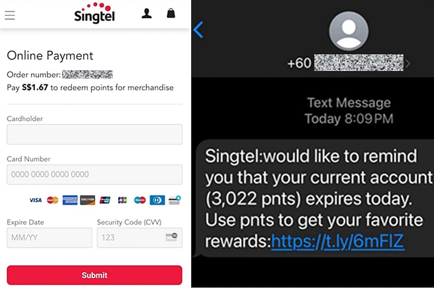 Screenshots of the Singtel reward points scam.