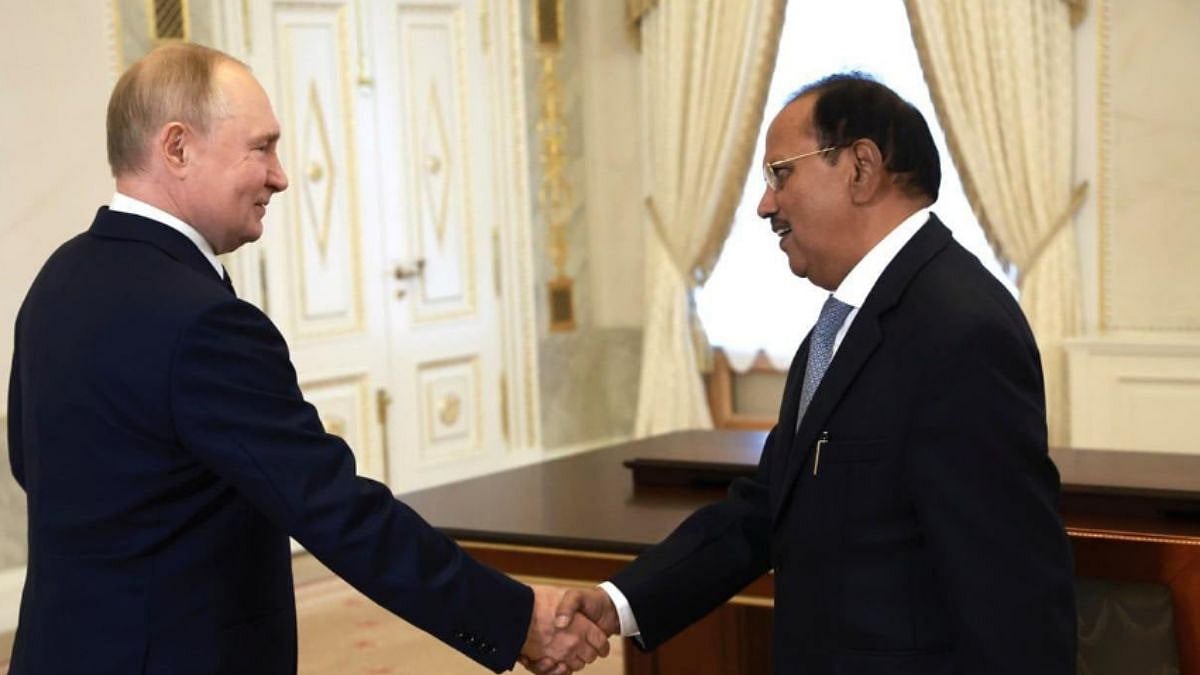 Russian President Vladimir Putin had a meeting with Ajit Doval, National Security Advisor to the Prime Minister of India, at the Konstantinovsky Palace in St Petersburg. | X | ANI