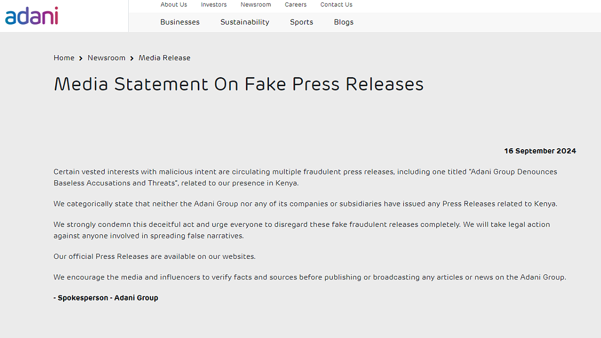 Screengrab of the media release by Adani on their official website.
