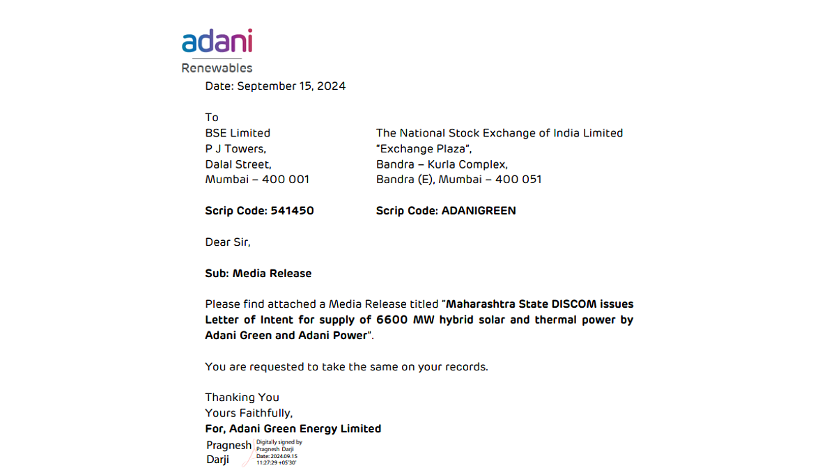 Adani's most recent exchange filing