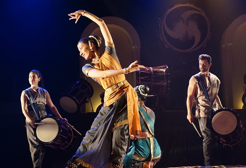 Deep taiko drumming, symbolising earth, meets the graceful flow of Indian classical dance, representing water. Photo courtesy: Esplanade – Theatres on the Bay

