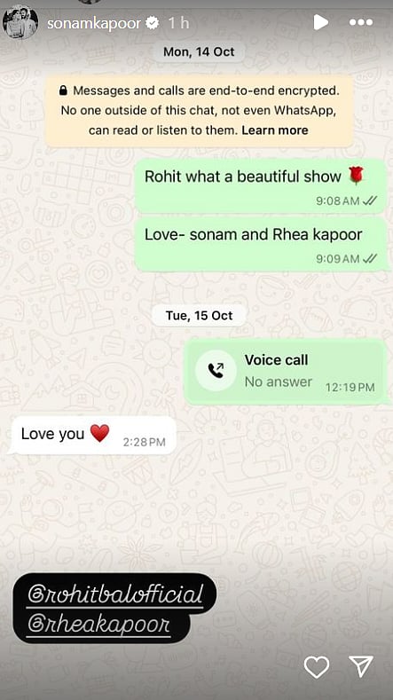 Series of stories posted by Bollywood actress Sonam Kapoor paying tribute to legendary fashion designer Rohit Bal