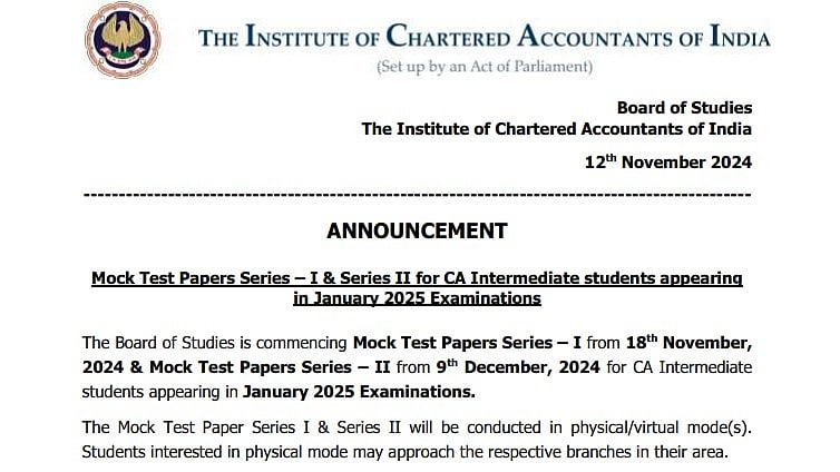 ICAI CA January 2025 Mock Test Timetable Released At icsi.edu | 