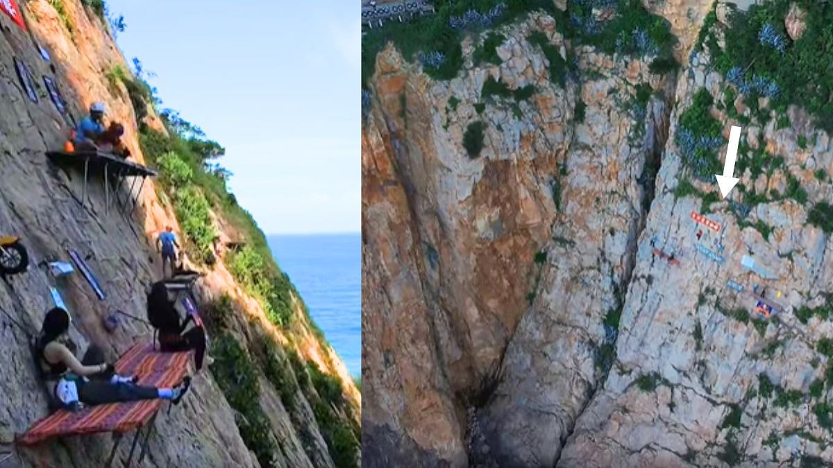 'Too Scary': Viral Video Shows People Drinking Coffee Down A Cliff In China; Netizens React
