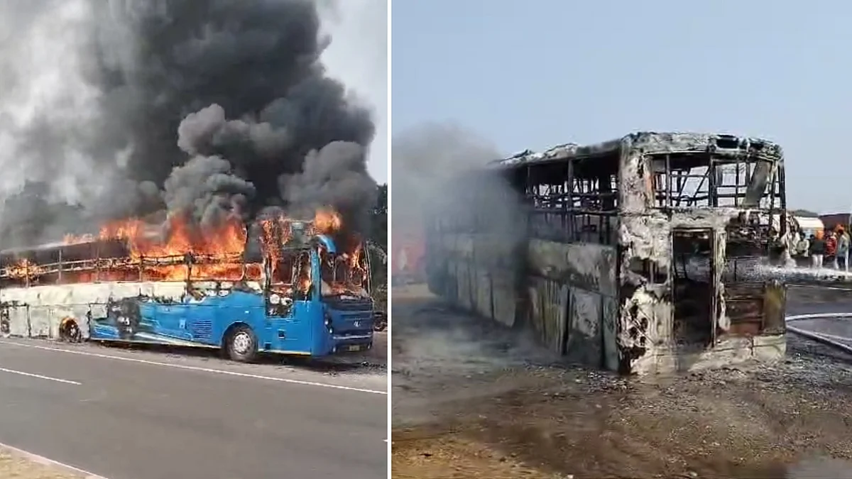 VIDEO: Narrow Escape For 40 As Sleeper Coach Bus Burns To Ashes Near Madhya Pradesh's Sendhwa | FP Photo
