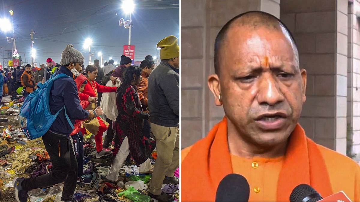 Maha Kumbh Stampede (L) & UP Chief Minister Yogi Adityanath (R) | File Pic