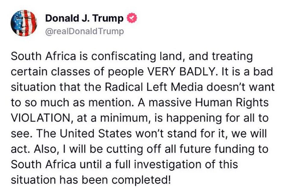 Trump's tweet on South Africa confiscating land