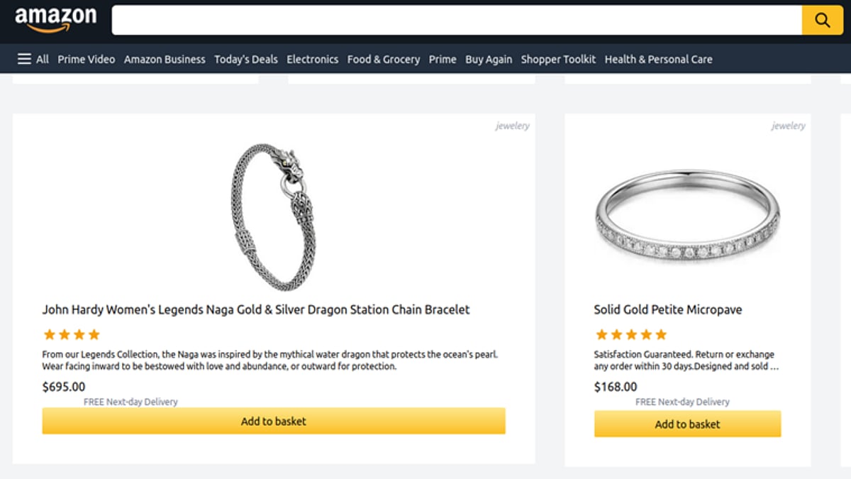 This website mimics Amazon offering customers great deals on jewelry.
