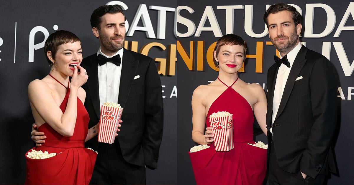 emma stone red dress popcorn Emma Stone at the SNL 50th red carpet with popcorn in her dress, #emmastone
