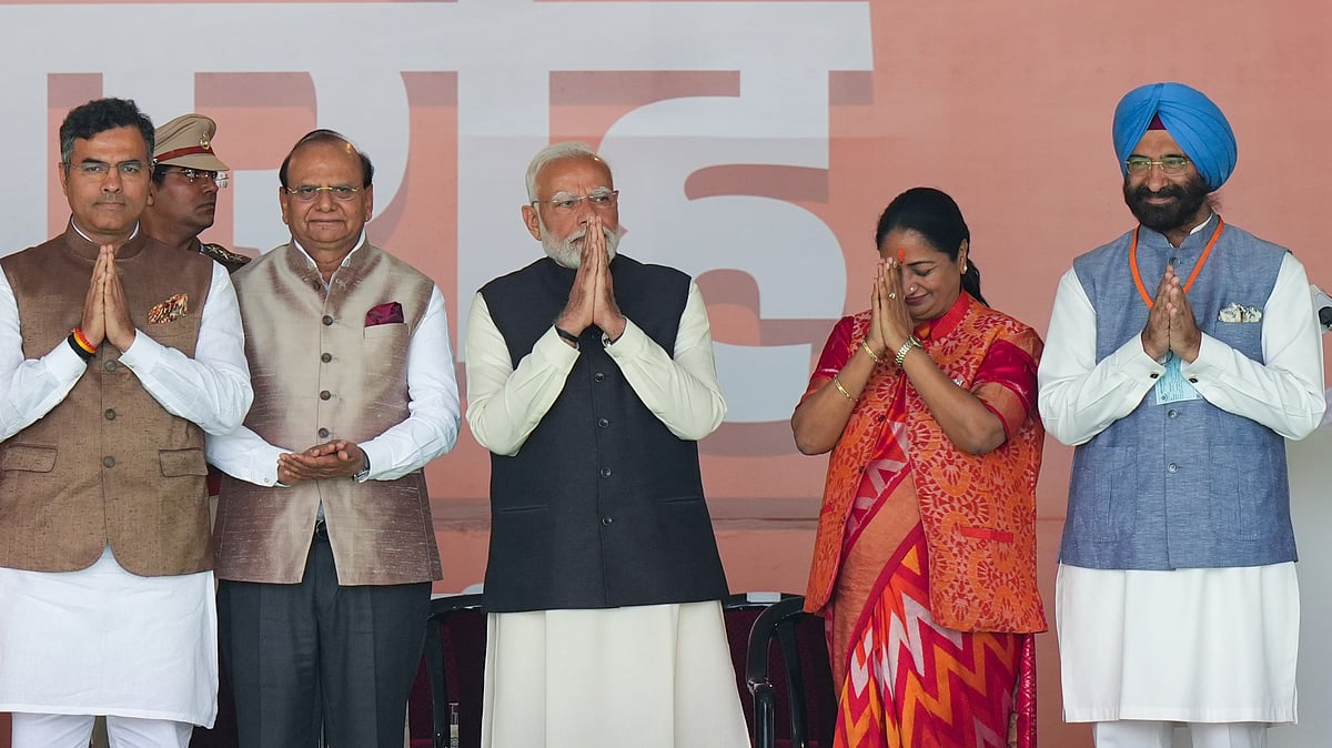 PM Modi with Delhi CM Rekha Gupta, L-G VK Saxena and ministers Parvesh Verma and Manjinder Singh Sirsa | PTI