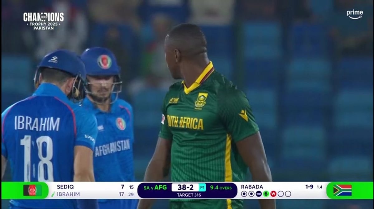 Kagiso Rabada sledges Ibrahim Zadran. | (Image Credits: X)