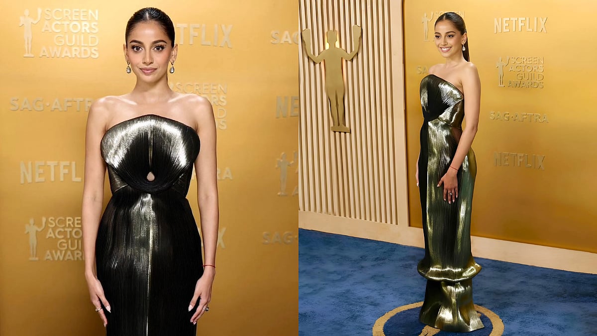 Bandhu Sandhu Goes Bold In Sculpted Metallic Couture By Indian Designer At SAG Awards 2025