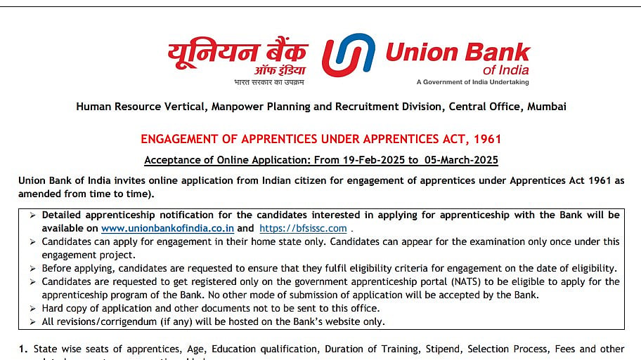 Union Bank of India Opens Applications For 2691 Apprentice Positions At unionbankofindia.co.in; Check Important Dates, Eligibility & Application Process 