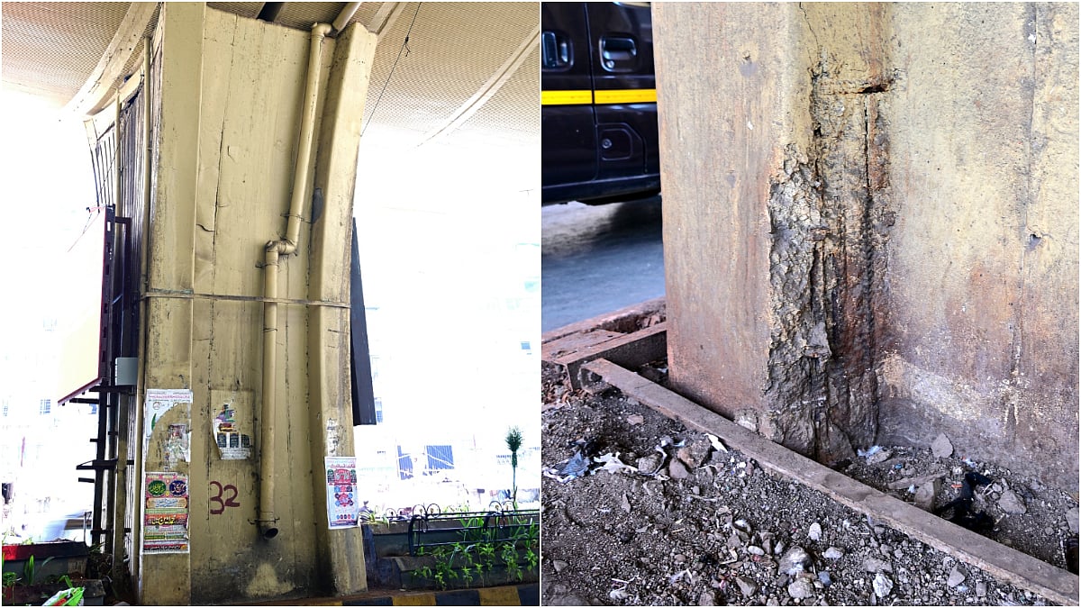 The damaged pillar of the JJ flyover with iron rods visible | Photo Credits: Vijay Gohil