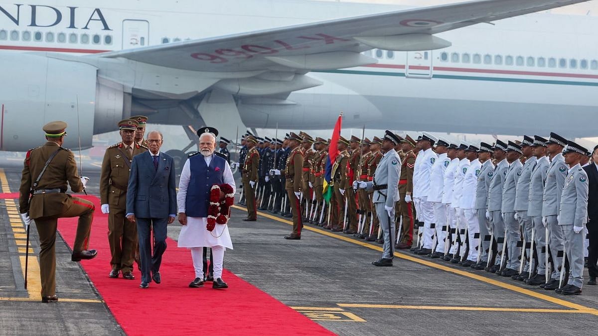 PM Modi Arrives In Mauritius On Two-Day Visit, Accorded Ceremonial Welcome By Prime Minister  Navin Ramgoolam