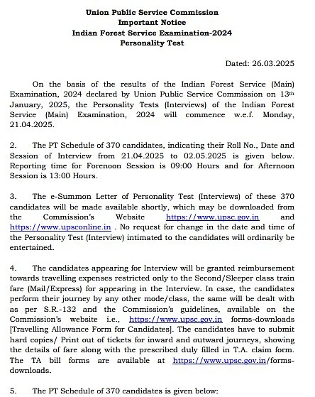 UPSC IFS Mains 2024 Interview Schedule