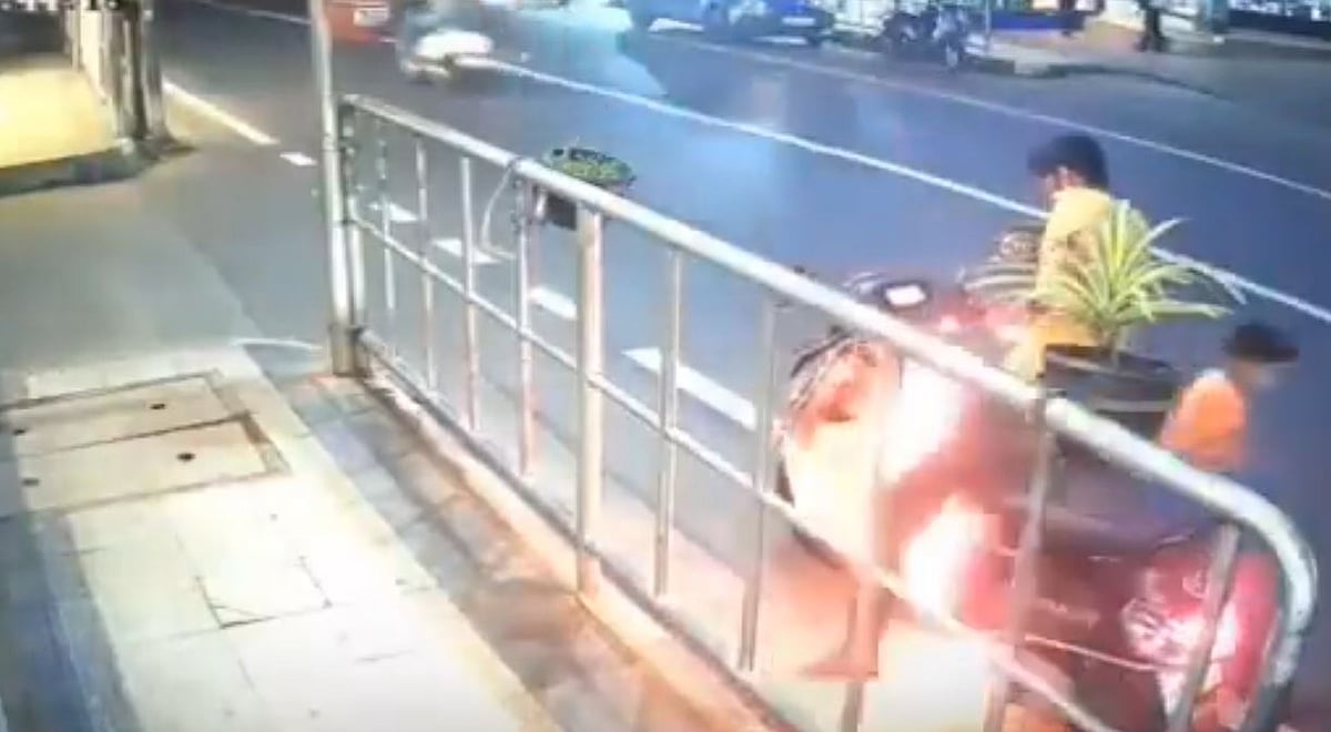 On Camera: Close Shave For Father, Son As Scooter Catches Fire In Palakkad