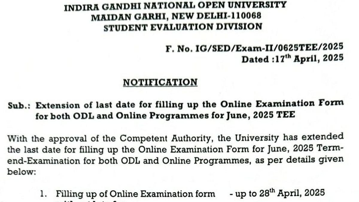 IGNOU June TEE 2025 Registration Last Date Extended | Image: (X/@OfficialIGNOU)