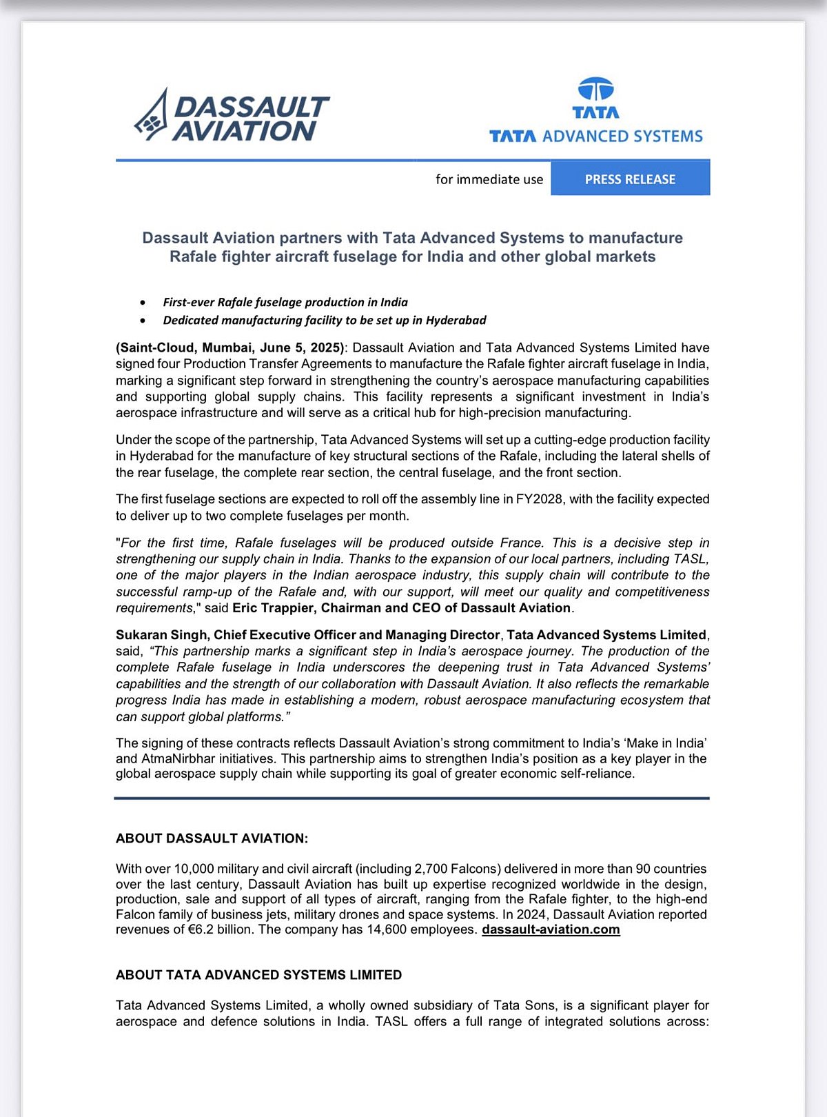 Dassault Aviation's Statement