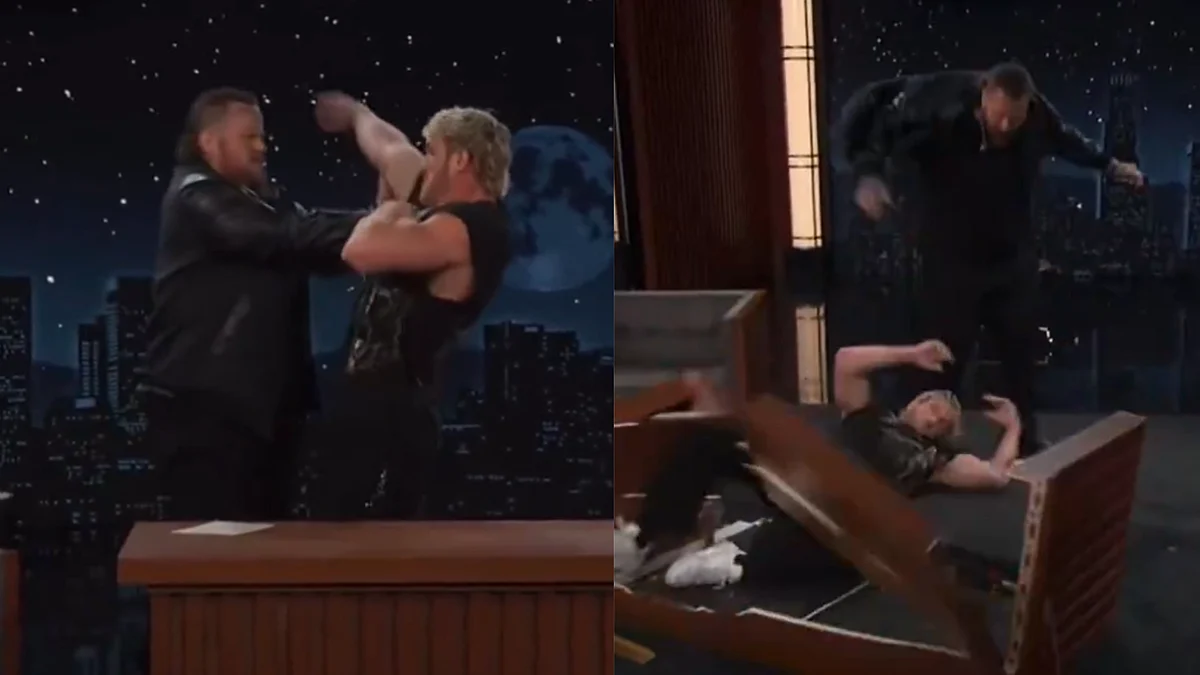 Jelly Roll Delivers 'Undertaker' Style Chokeslam To Logan Paul On Jimmy Kimmel Live Ahead Of WWE...