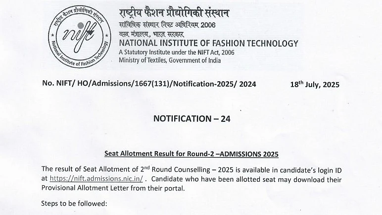 NIFT Round 2 Seat Allotment Result 2025 Released At nift.admissions.nic.in; Direct Link Here 