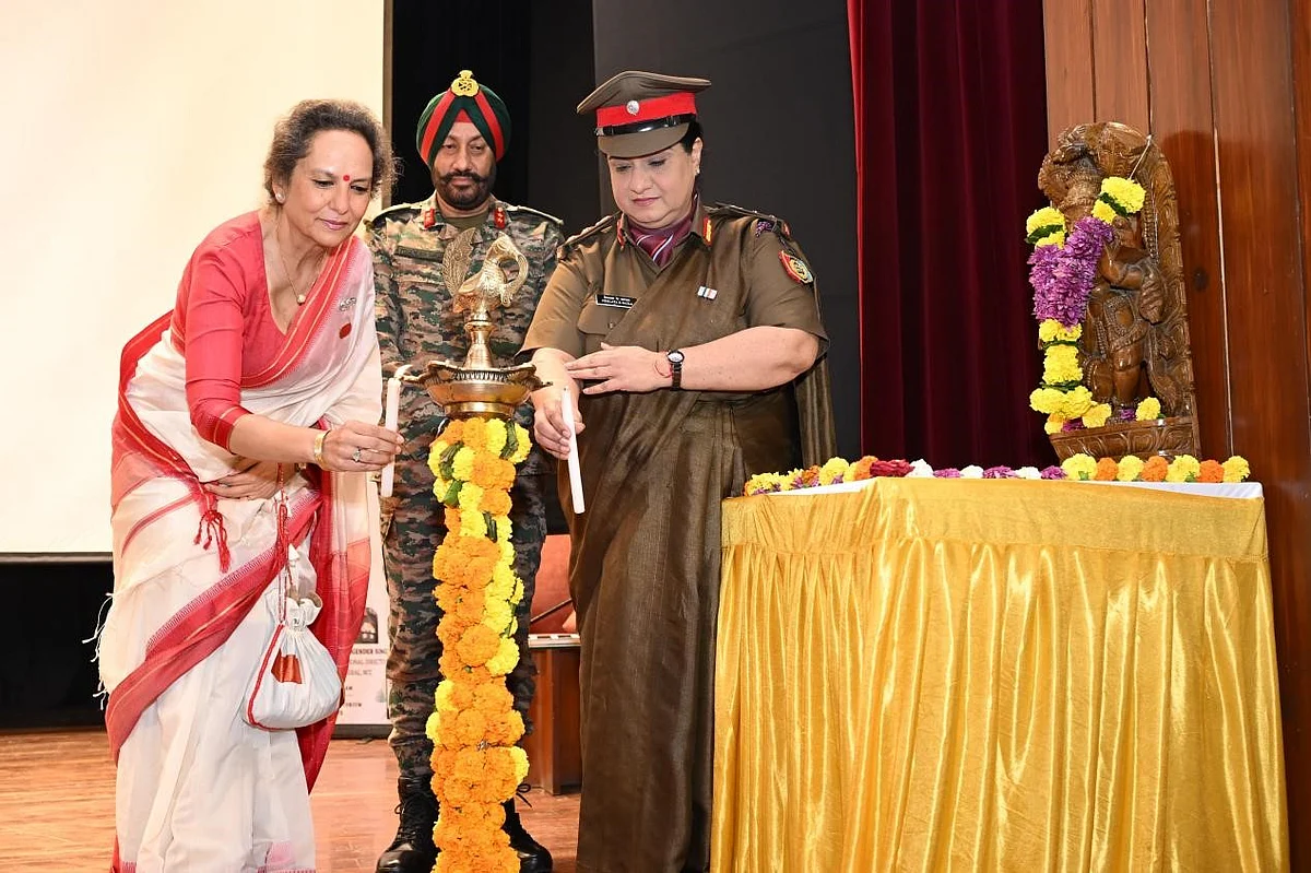Col. Dr. Hemlata K. Bagla along with Mrs. Radhika Anand and Maj. Gen. Yogendra Singh, lighting the ceremonial lamp, marking the beginning of a meaningful journey towards sustainability and environmental stewardship