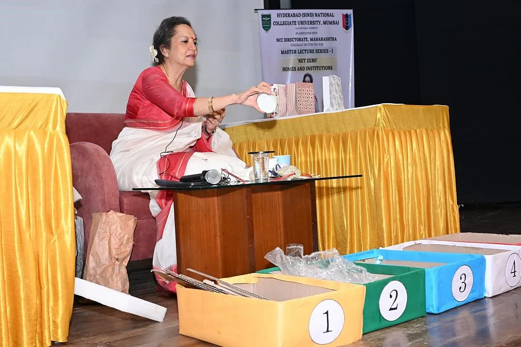 Mrs. Radhika Anand engages the audience during her impactful Master Lecture, emphasising the urgent need for eco-conscious living and sustainability in today's world.