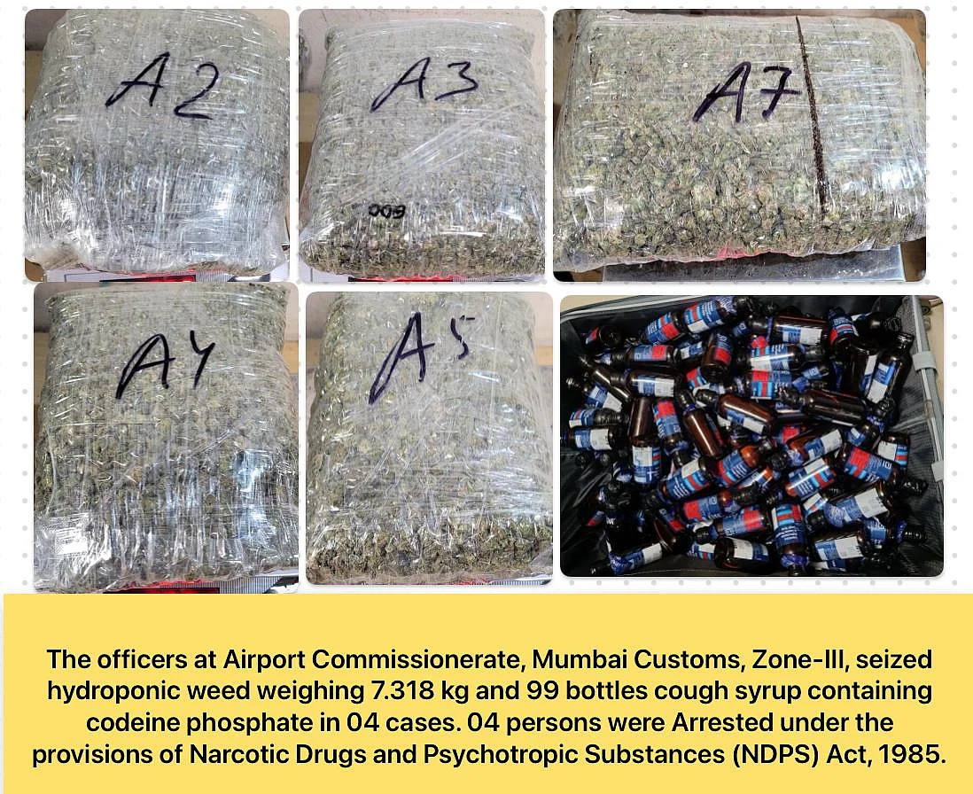 Mumbai Airport Customs Seize 7.318 Kg Of Hydroponic Weed & 99 Bottles Of Codeine Syrup Across 4 Cases