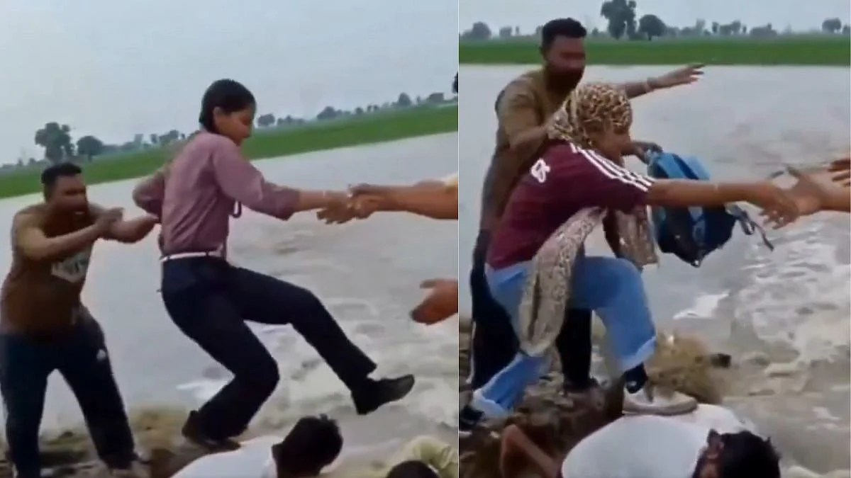 Heavy Rains Wash Away Road In Punjab, Villagers Help School Children Cross; Video Goes Viral