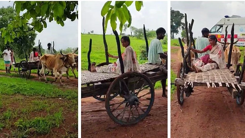 VIDEO: Woman Carrying Newborn In Lap Forced To Take Bullock Cart After Muddy Roads Restrict Ambulance Entry In MP's Guna