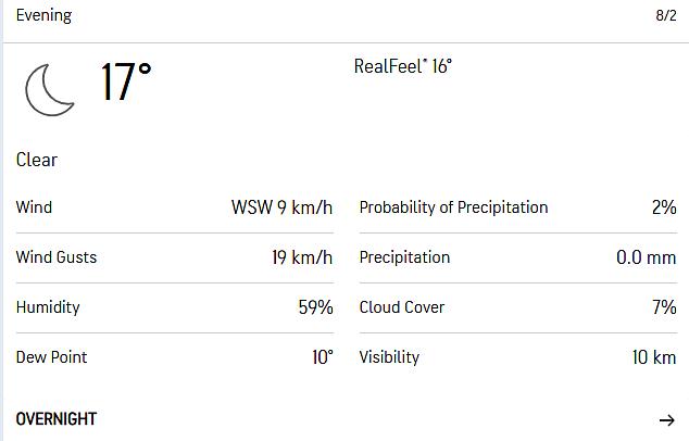 London evening weather for Day 3.