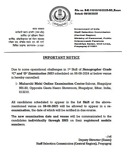 SSC Stenographer Exam 2025 Notification