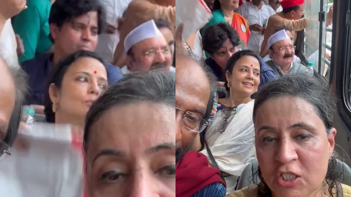 Mahua Moitra Blows Kiss After Collapsing During INDIA Bloc’s ‘Vote Chori’ Protest | X