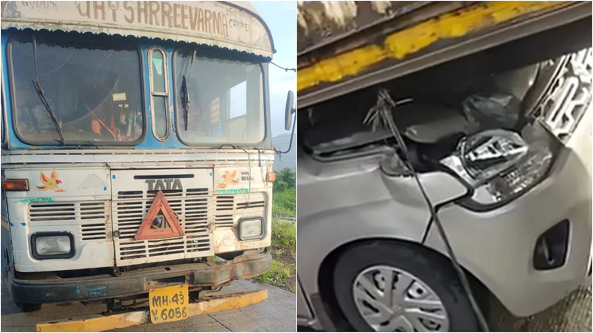 Wrecked WagonR after collision with container truck near Lakhpale on the Mumbai–Goa Highway