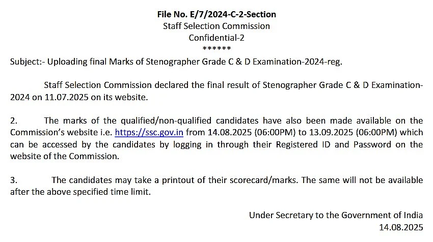 SSC Steno Final Result 2024