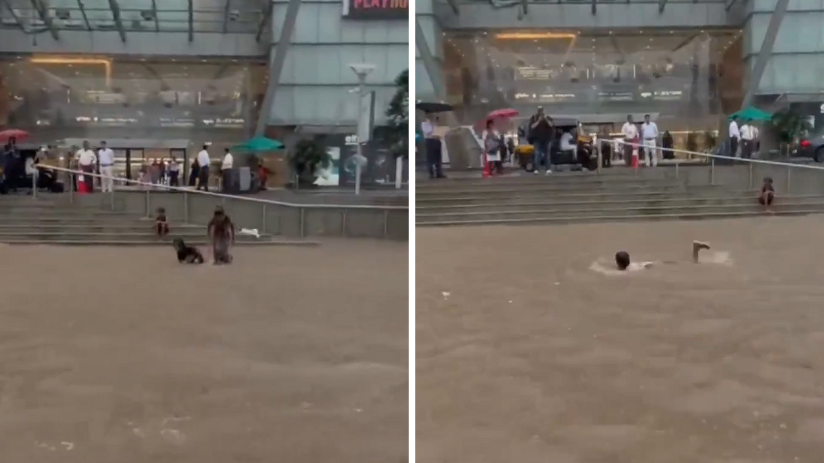 Mumbai Rains: Kids Seen Swimming Outside Oberoi Mall In Goregaon Amid Heavy Waterlogging | Watch...