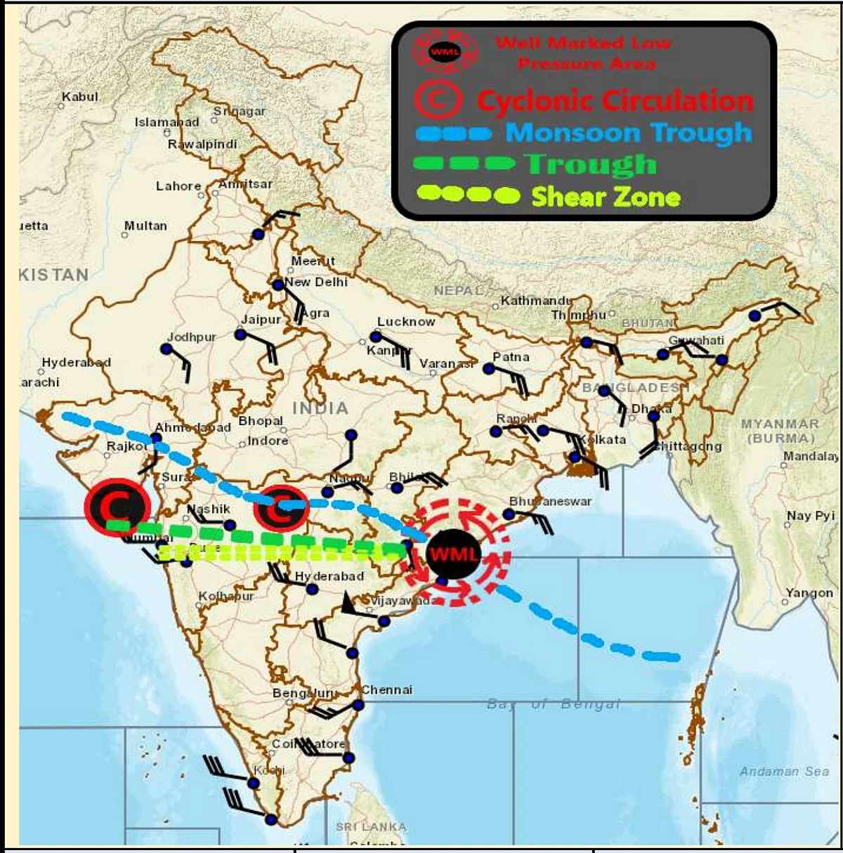 Cyclonic circulations and Monsoon Trough affecting Madhya Pradesh at present.
