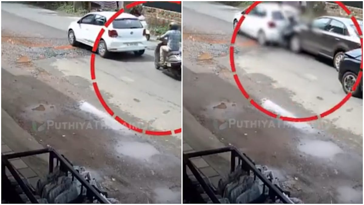 Dramatic VIDEO: Scooter Gets Sandwiched Between Two Cars In Kerala's Kannur, Rider Escapes Miraculously 