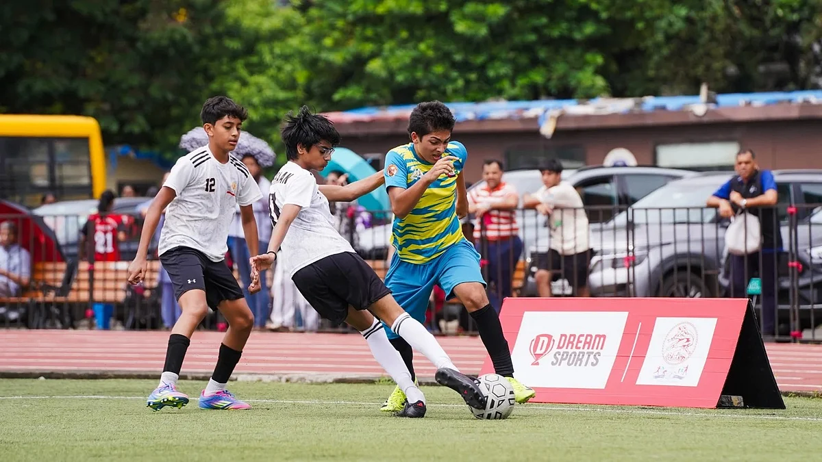 Action from the final match of MSSA U-16 Boys Division II football between Aditya Birla World Academy and Jamnabai Narsee on Friday.