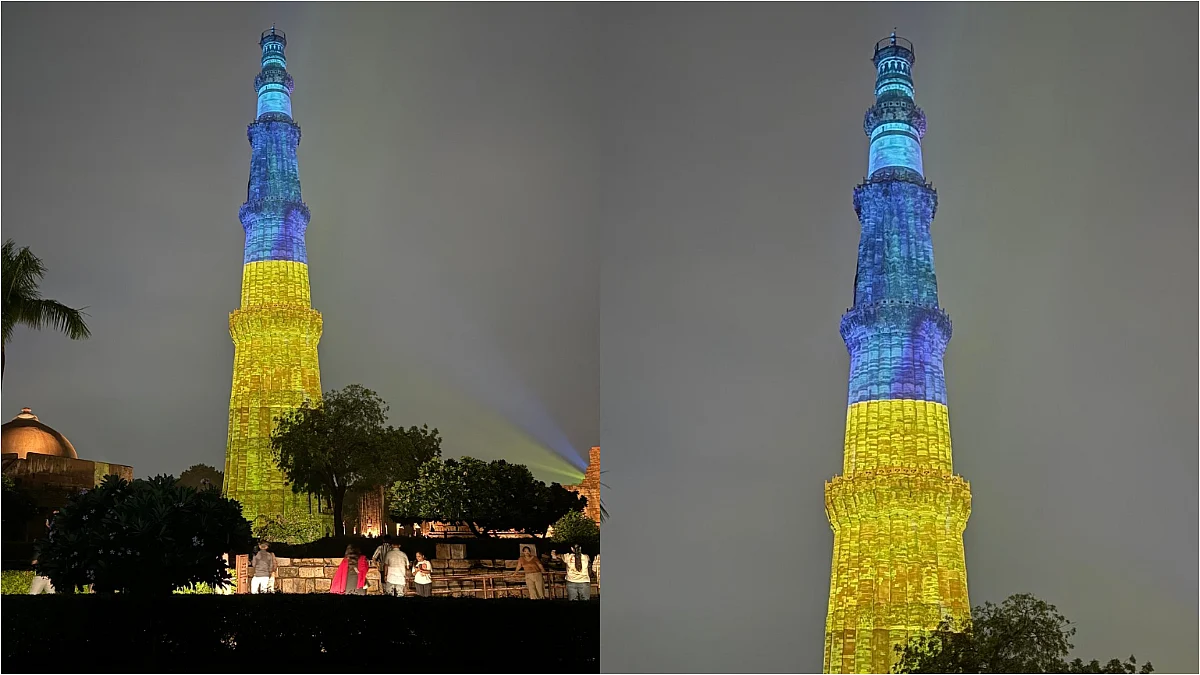 Qutub Minar Shines In Yellow And Blue Ukrainian Flag Colours To Mark Ukraine's Independence Day -...