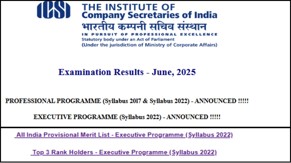 ICSI CS June Executive Result 2025 Declared At icsi.edu; Check Scorecard And Toppers
