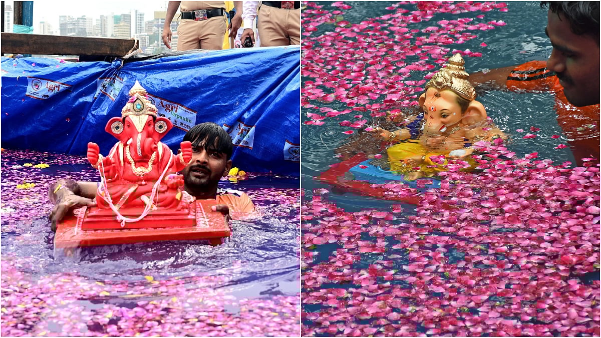 Devotees immerse Ganpati idols in Mumbai’s artificial ponds amid rain and tight security
