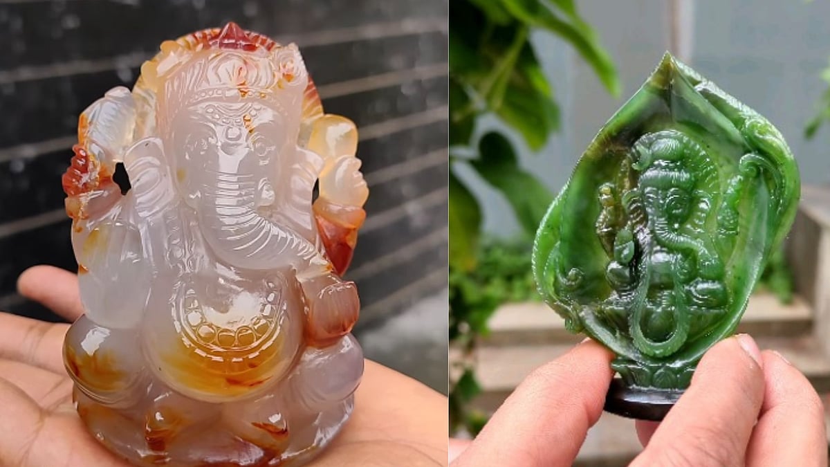 (Left) A beautiful depiction of the beloved Lord Ganesh in Carnelian and (right) an idol in the background of an auspicious peepal (ficus religiosa) leaf, carved from jade