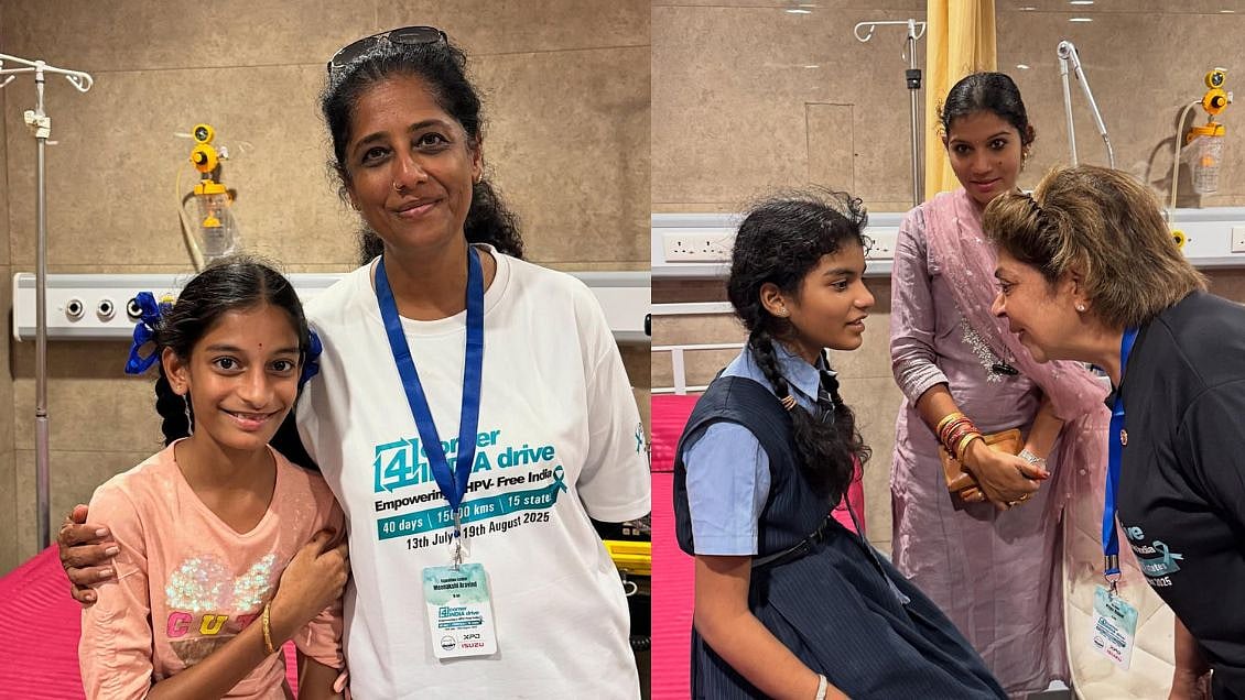 (Left) Meenakshi Aravind during a vaccination drive in Visakhapatnam, (right) Priya Rajpal interacts with one of the young girls