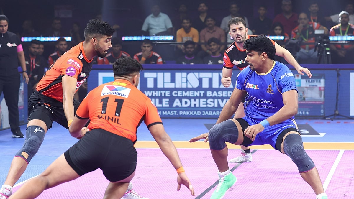 U Mumba and Tamil Thalaivas players in action during their match in PKL 12 in Vizag on Sunday.