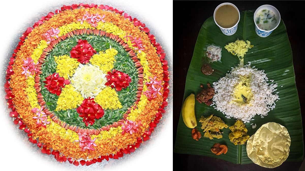 (Left) Pookalam or a rangoli made of flowers, (right) Onam Sadhya