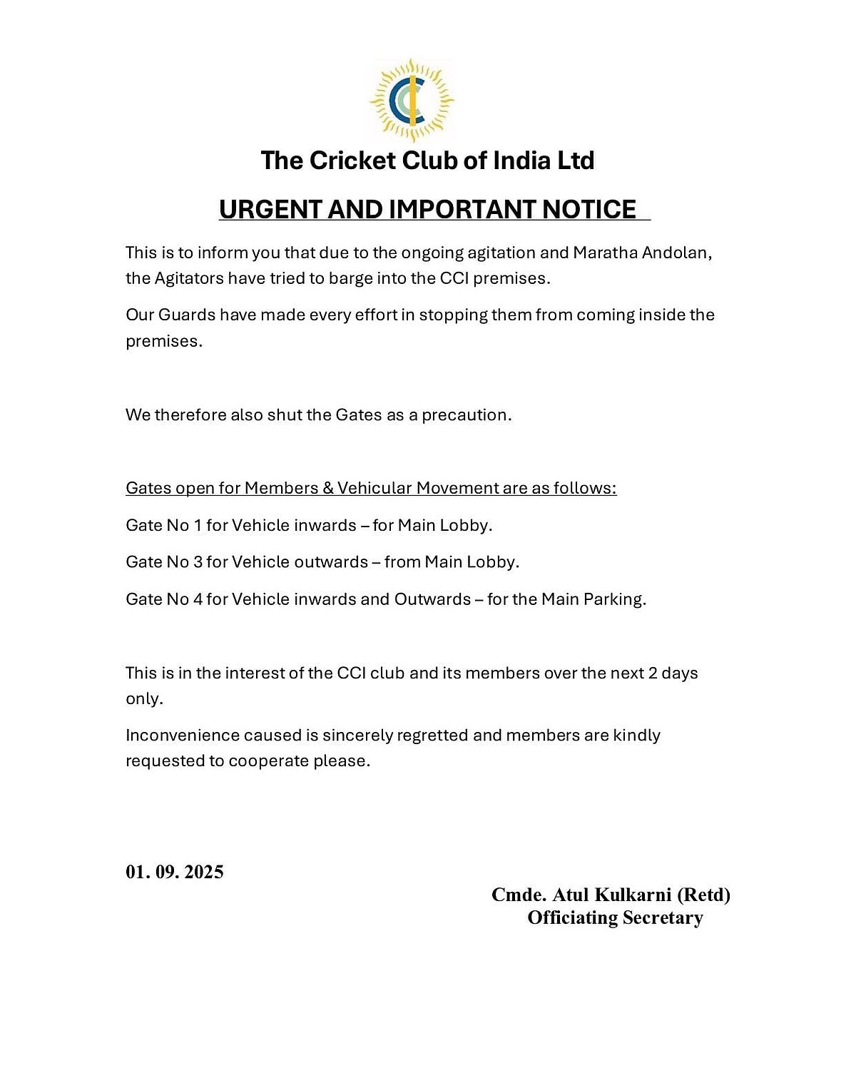 The official notice was released by CCI in Mumbai.