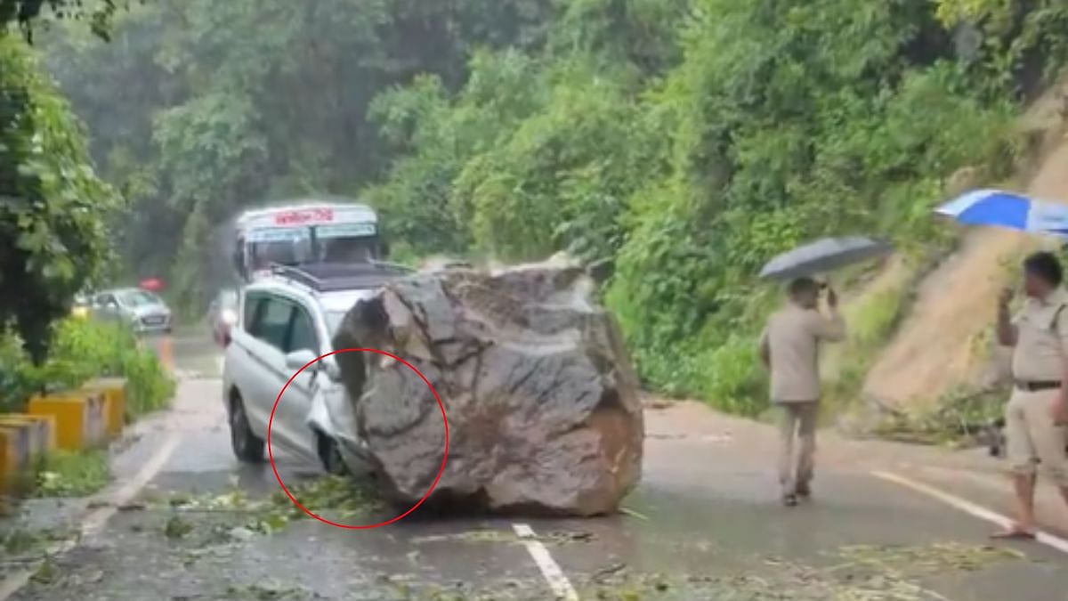 VIDEO: Massive Boulder Crashes On Health Officer's Vehicle In Haldwani; 2 Injured